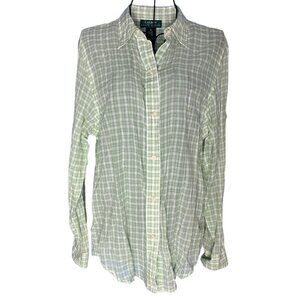 Lauren Ralph‎ Lauren Women's S Long Sleeve Button Up Cotton Shirt Green Check